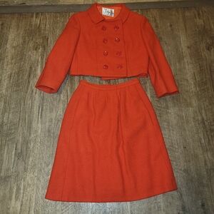 Vintage 1960s Union Made Orange Skirt Suit Set Womens Size Xs Virgin Wool